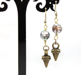 Colorful Tortoise Agate with Antique Gold Ringed Spike Dangle Earrings